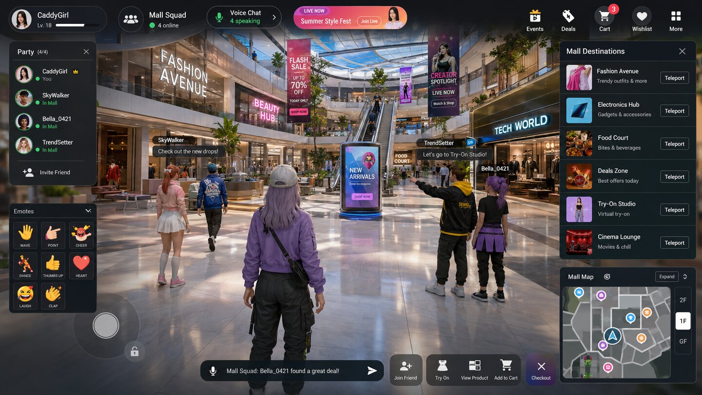 Four friends shopping together inside the IAMIN mall: a squad panel listing them, voice chat, emotes, and the shops of Fashion Avenue around them.